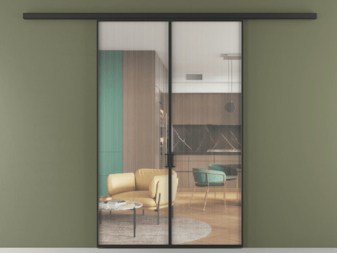 Перегородка Formato вдоль стены 2 створки АЛПР 040.01 Алюминий Черный Рифлёное стекло "Moru", триплекс Цена 199580 ₽ | Volhovec