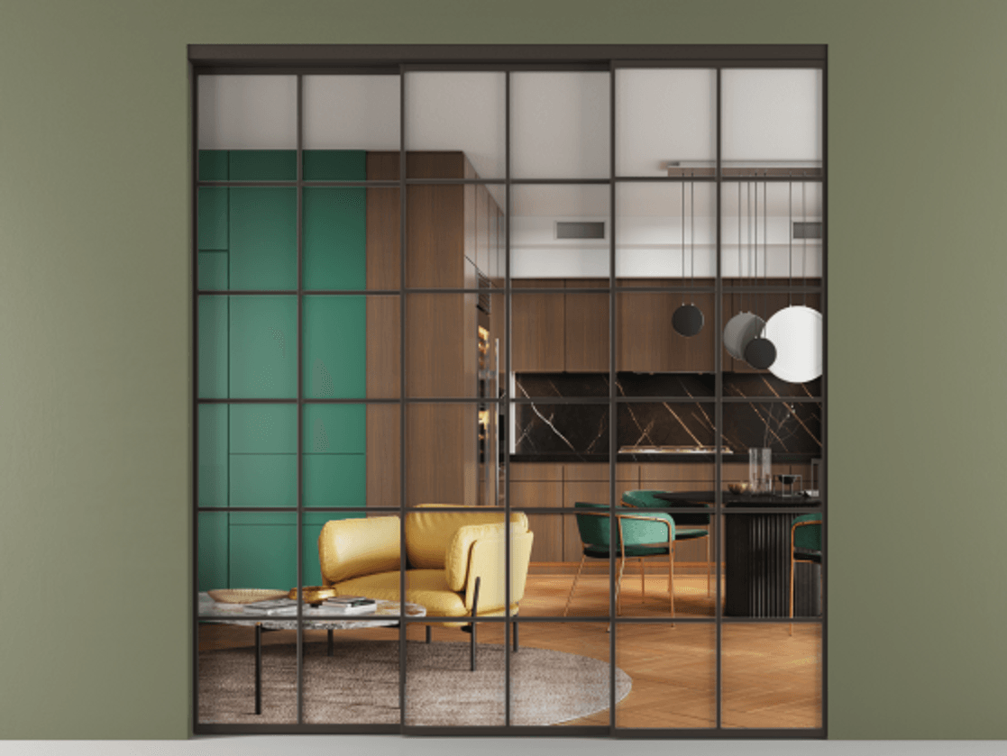 Перегородка Formato внутри проёма 3 створки с синхронным механизмом АЛПР 040.05 Алюминий антрацит Прозрачное стекло "Crystal Vision", калёное Цена 437000 ₽  | Volhovec