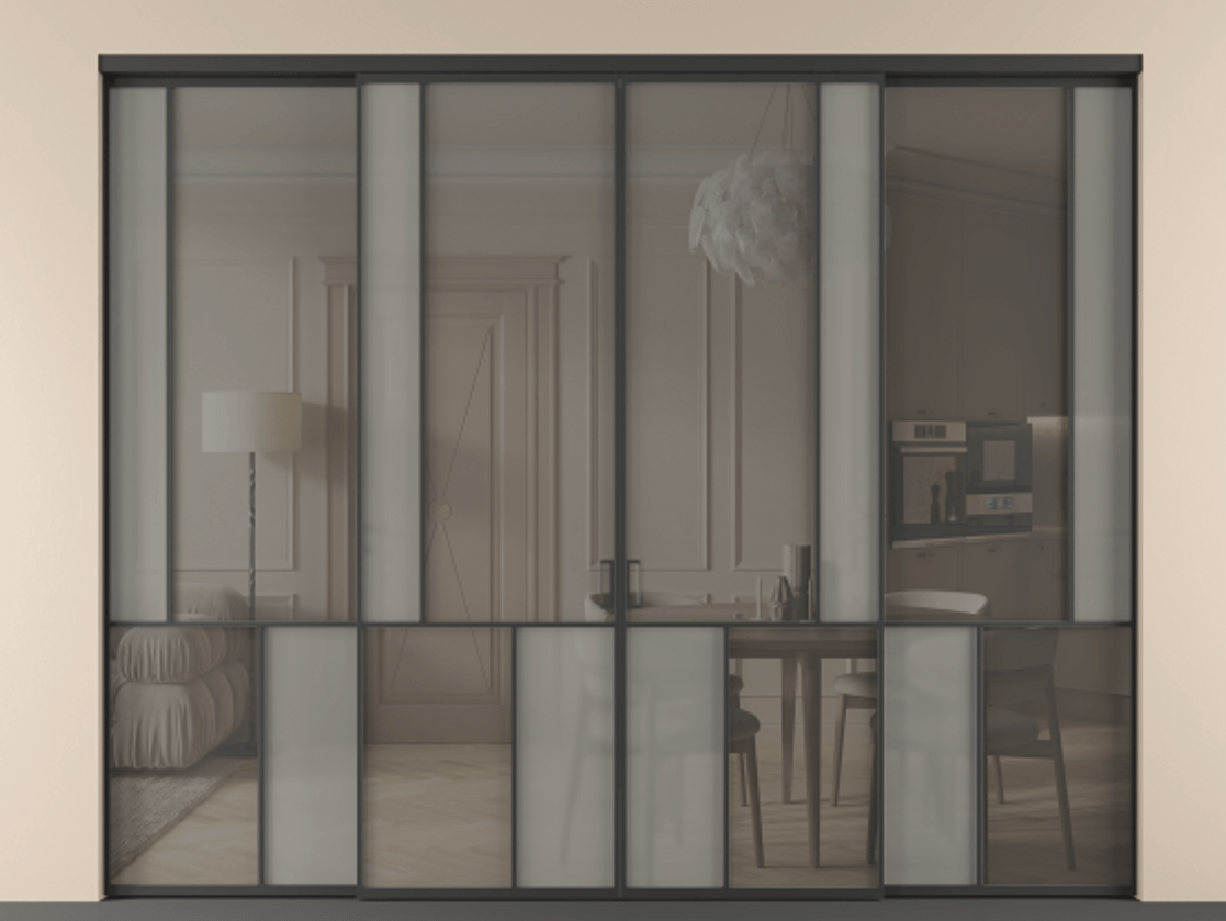 Перегородка Мозаик внутри проёма 4 створки АЛПР 041.21 Алюминий Черный Сатинированное серое стекло, триплекс, 6 мм + Прозрачное серое стекло, триплекс Цена 459940 ₽ | Volhovec
