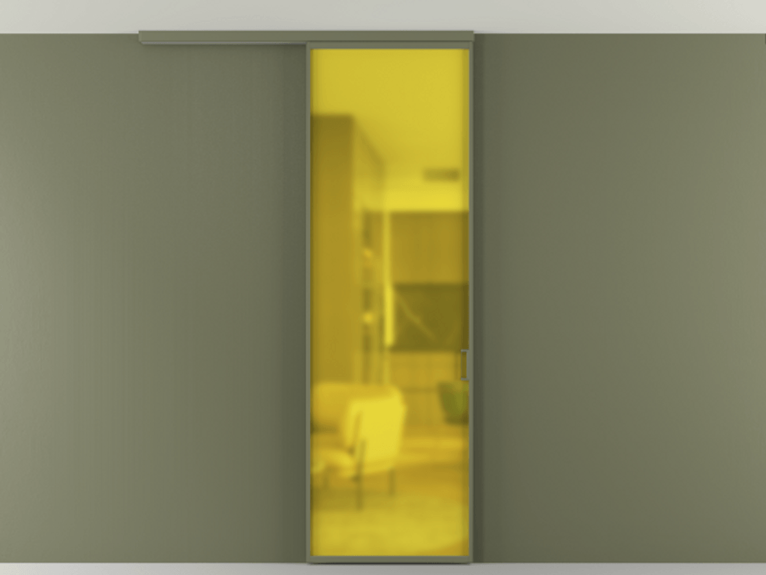 Перегородка Formato вдоль стены на потолок 1 створка АЛПР 040.01 Алюминий оливковый тёмный Сатинированное жёлтое стекло, триплекс Цена 96236 ₽ | Volhovec