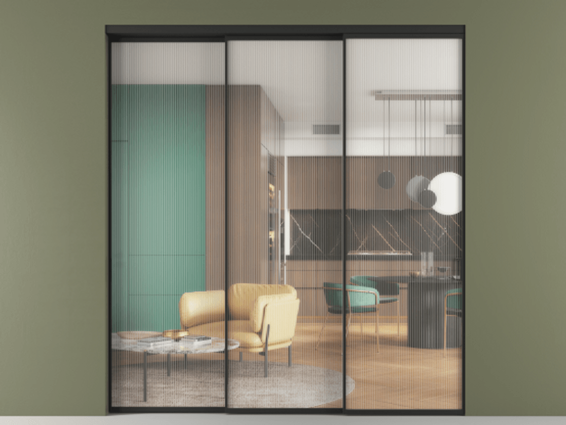 Перегородка Формато внутри проёма 3 створки с синхронным механизмом АЛПР 040.01 Алюминий Черный Рифлёное стекло "Мору", триплекс. Скрытый короб ЧЕР Цена 379900 ₽ 1. Полотно 3 шт. (800/2100 мм)
2. Комплект установки раздвижной системы
3. Базовый комплект фурнитуры
4. Комплект фурнитуры телескопик синхро-2
5.Ручка Рондо. Фабрика дверей Волховец 8 (800) 551 43 19 Перегородка Формато внутри проёма 3 створки с синхронным механизмом АЛПР 040.01 Алюминий Черный Рифлёное стекло "Мору", триплекс Цена 379900 ₽ | Volhovec