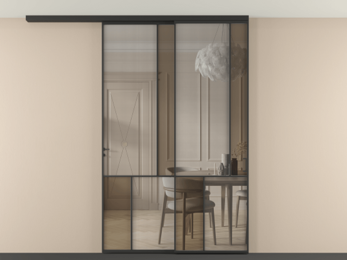 Перегородка Mosaic вдоль стены на потолок 2 створки с синхронным механизмом АЛПР 041.21 Алюминий Черный Декоративное стекло с сеткой "Mesh silver", триплекс, 6 мм + Прозрачное бронзовое стекло, триплекс Цена 341520 ₽ | Volhovec