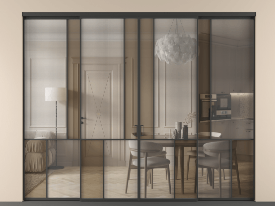 Алюминевая перегородка vnt4_1 ЧЕР. Цвет Алюминий Черный. Материал Алюминий. Коллекция Перегородка Mosaic внутри проёма 4 створки. Картинка.