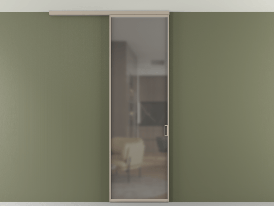 Алюминевая перегородка АЛПР 040.01_АБСК_Серый сатин триплекс_new. Цвет Алюминий бисквитный. Материал Алюминий в эмали. Коллекция Перегородка Формато вдоль стены на потолок 1 створка. Картинка.