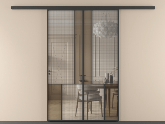 Алюминевая перегородка vd2_1 ЧЕР. Цвет Алюминий Черный. Материал Алюминий. Коллекция Перегородка Mosaic вдоль стены 2 створки. Картинка.